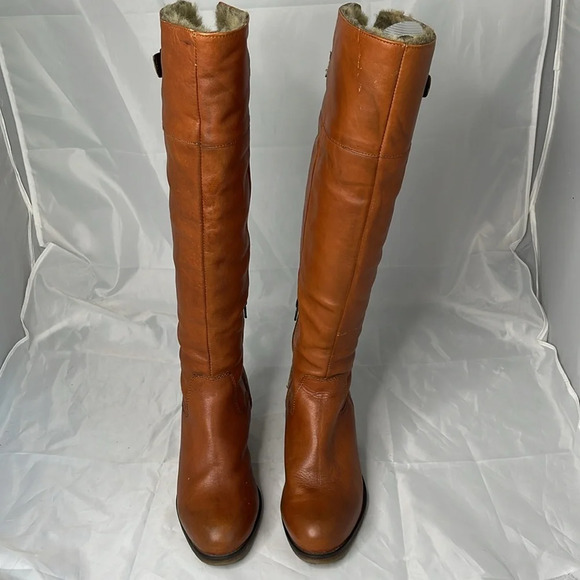 Aback A&B Cognac Leather Knee High Boots Buckle  Heels Faux Fur Inner Band 38 EU - Picture 7 of 16